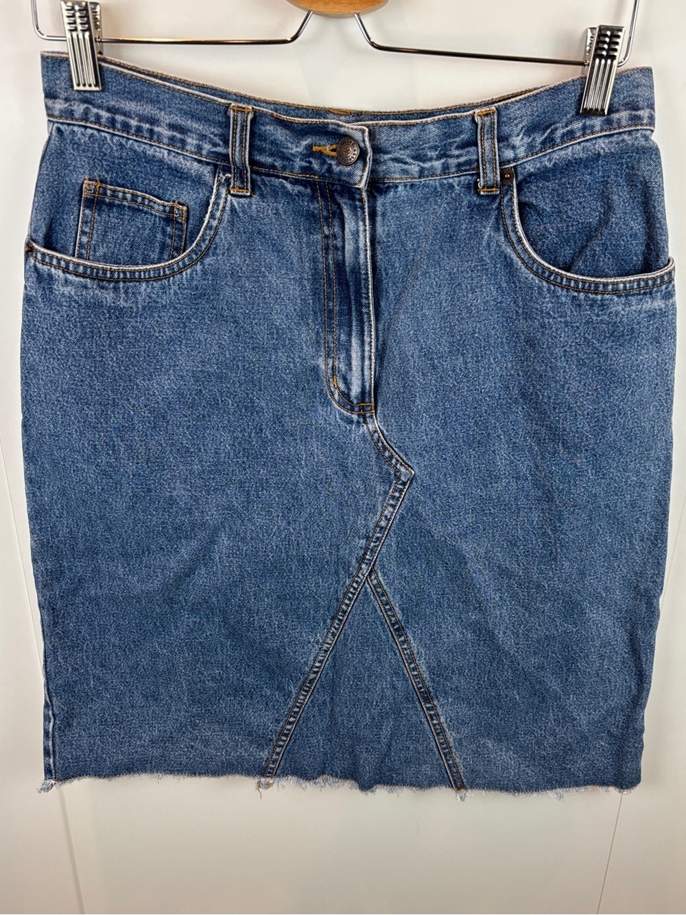 Vintage Bill Blass Jean Skirt Reconstructed Look sz 8 Raw Hem Denim 90s Y2K